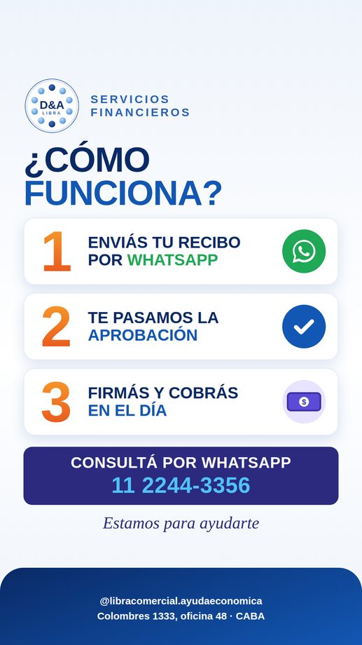 Cómo funciona: enviás tu recibo, te pasamos la aprobación, firmás y cobrás en el día